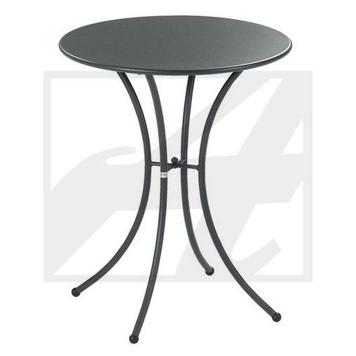 Round black metal table with curved legs.