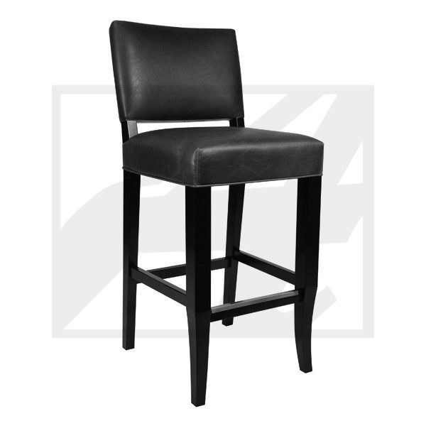Black leather bar stool with cushioned seat and backrest.
