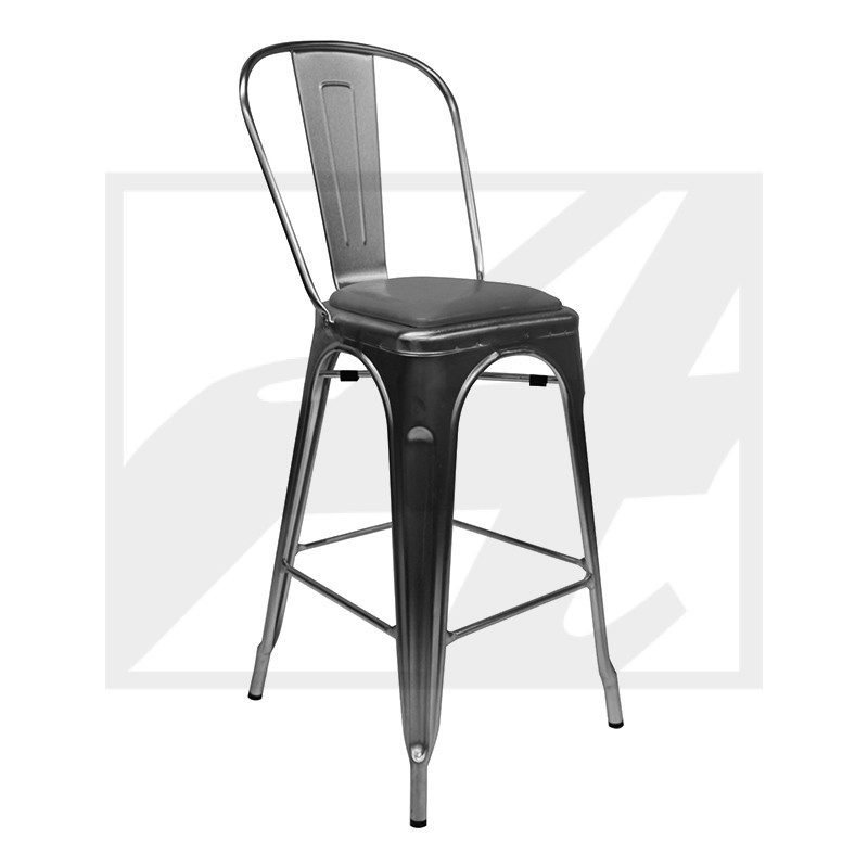 Black metal bar stool with a backrest and footrest.