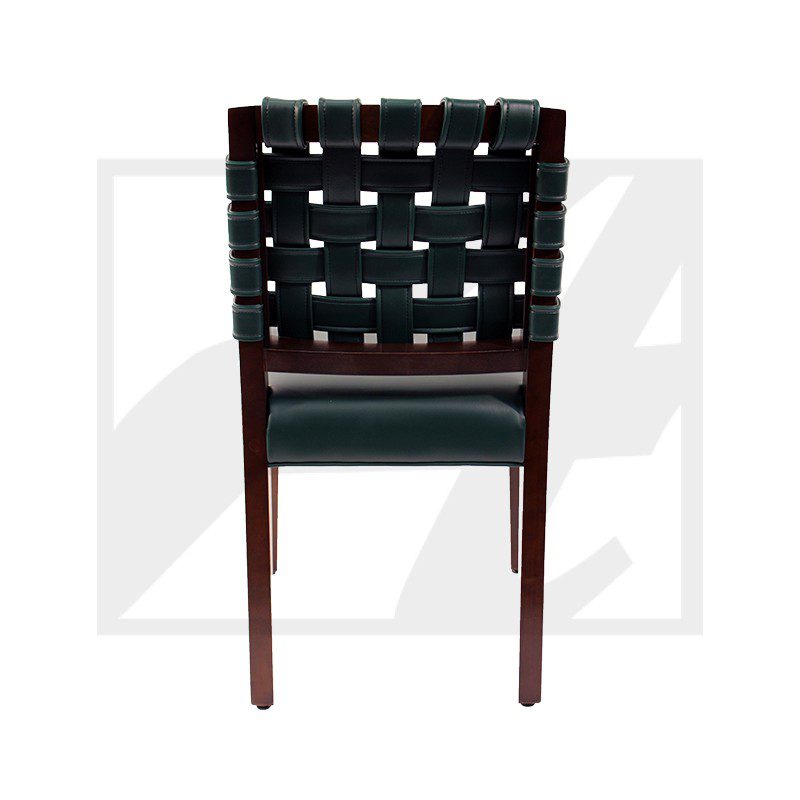 Back view of a wooden chair with woven leather straps and a cushioned seat.