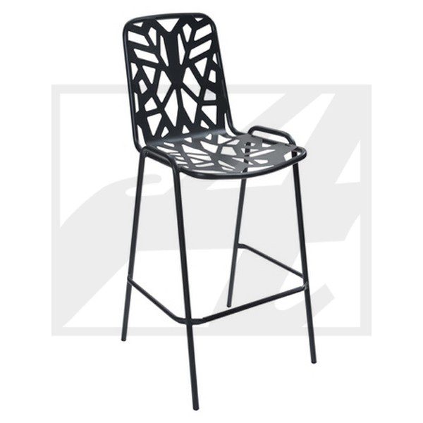 Modern black metal bar stool with a leaf-patterned backrest.