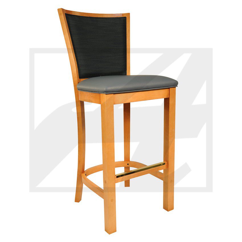 Wooden bar stool with black cushioned seat and backrest.