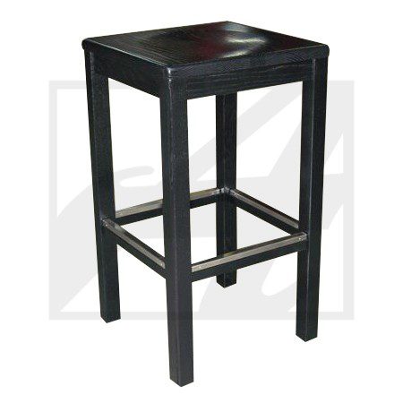 Black wooden bar stool with a square seat and sturdy legs.