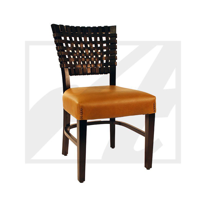 Elegant wooden chair with woven backrest and cushioned seat.