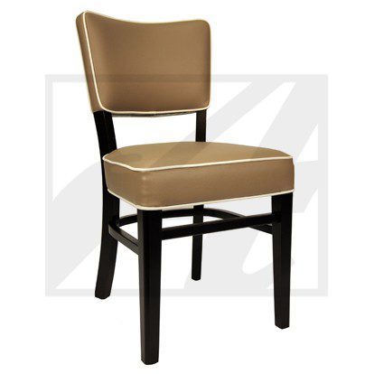 Modern chair with beige cushioned seat and backrest, black wooden legs.