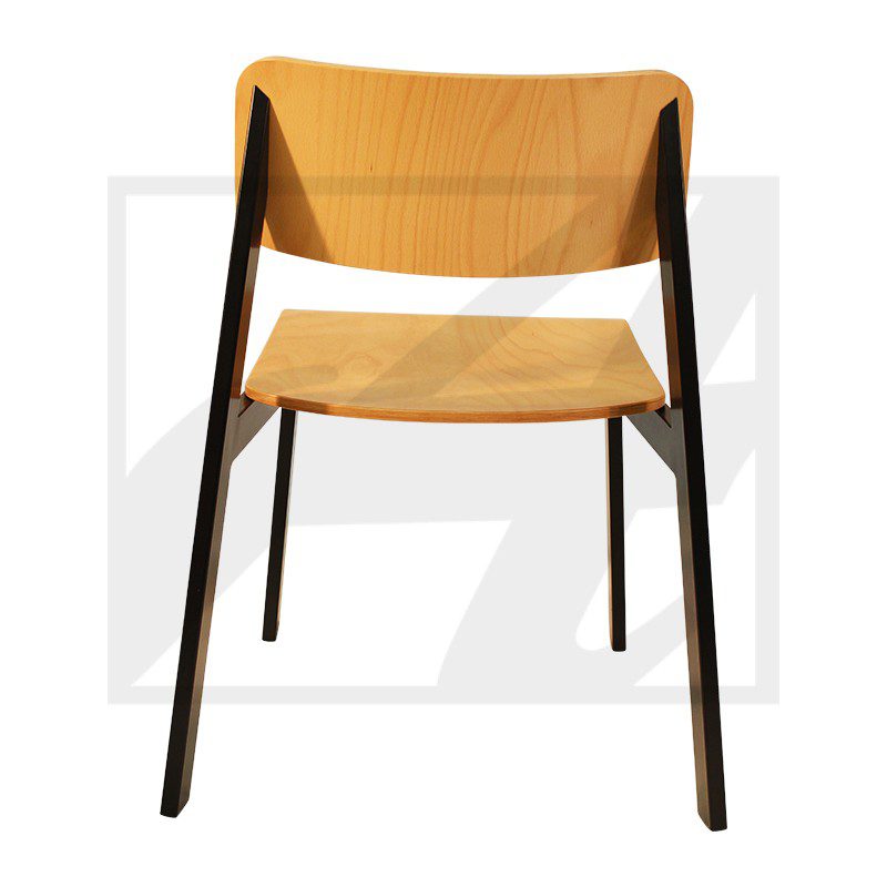 Modern wooden chair with black legs and a curved backrest.