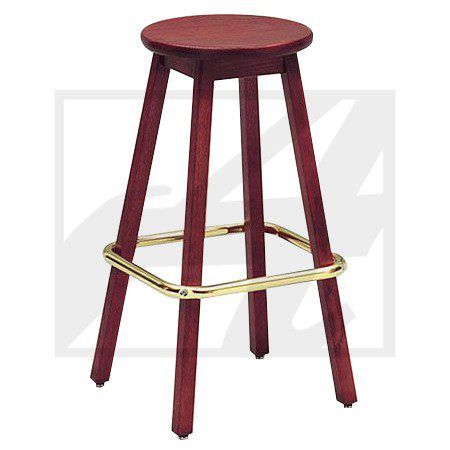 A wooden bar stool with a round seat and brass footrest.