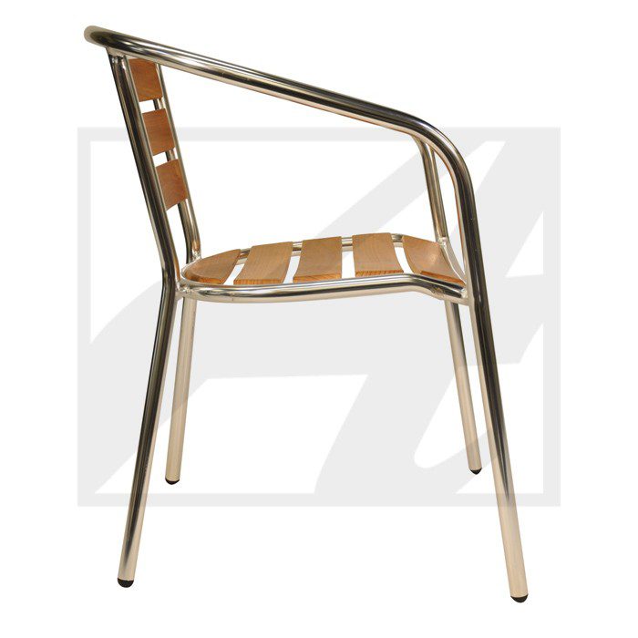 Modern outdoor chair with metal frame and wooden slats.