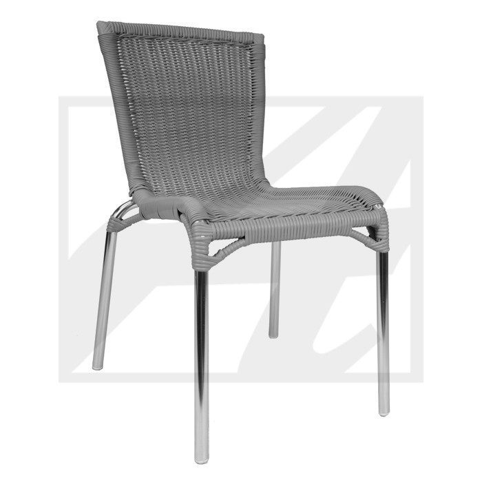 Modern gray woven chair with metal legs.