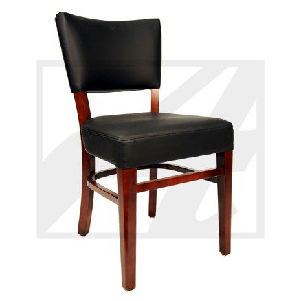 Wooden chair with black cushioned seat and backrest.