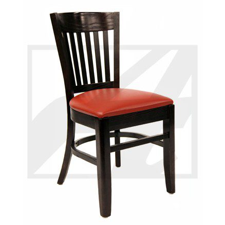Wooden chair with vertical slats and red cushioned seat.