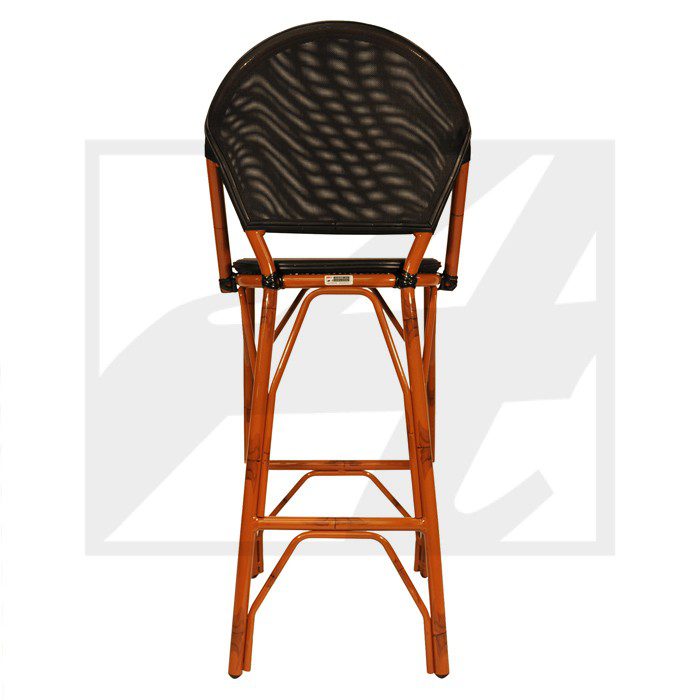 Tall wooden bar stool with a woven seat and backrest.