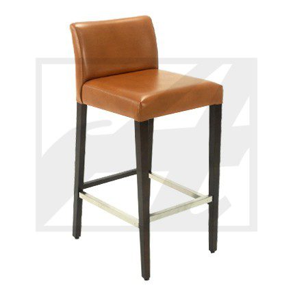 Brown leather bar stool with dark wooden legs and metal footrest.