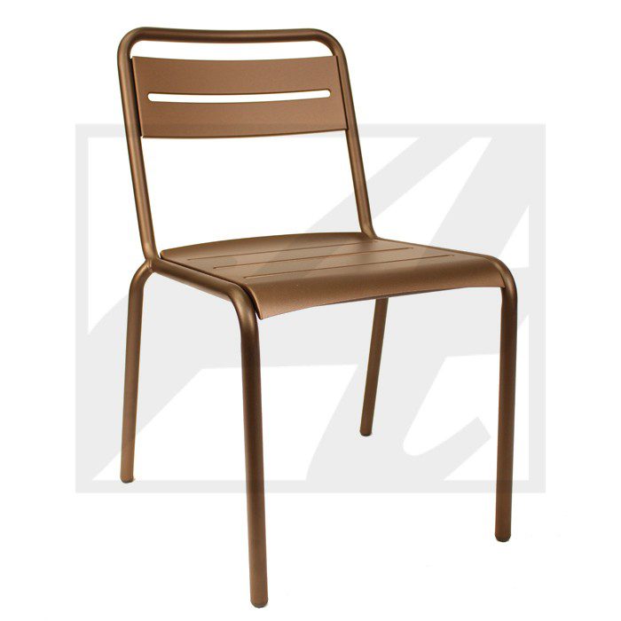 Minimalist brown metal chair with slatted backrest and seat.