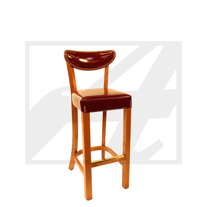 Wooden bar stool with a cushioned seat and backrest.