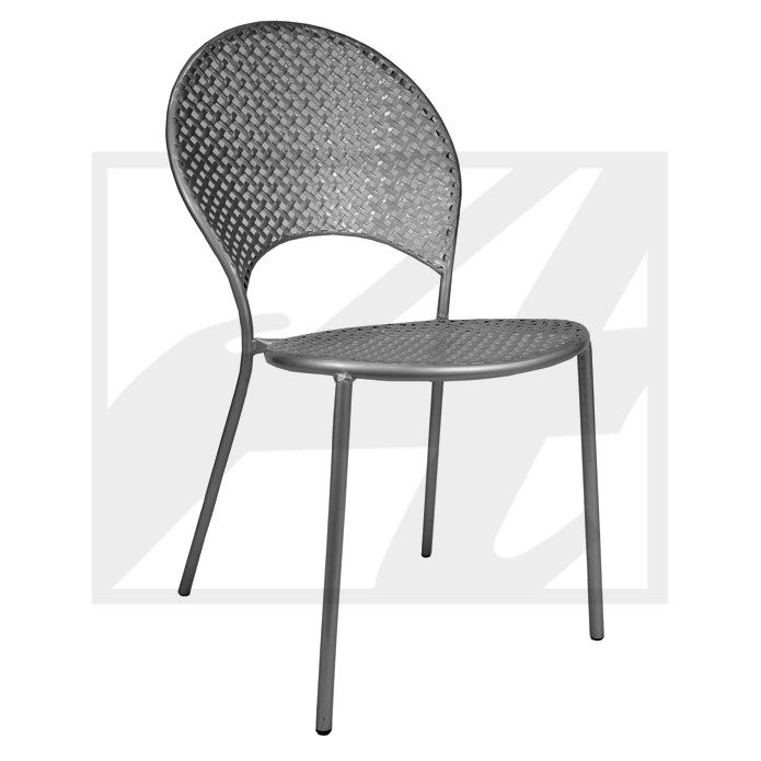 Modern black chair with a woven backrest and metal legs.