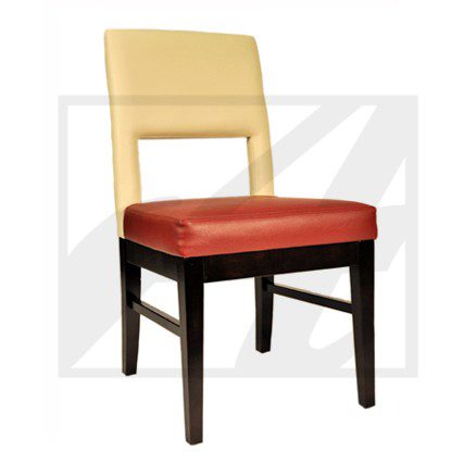 Modern chair with red seat and beige backrest.