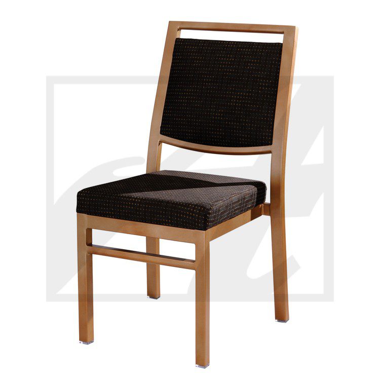 Wooden chair with black cushioned seat and backrest.
