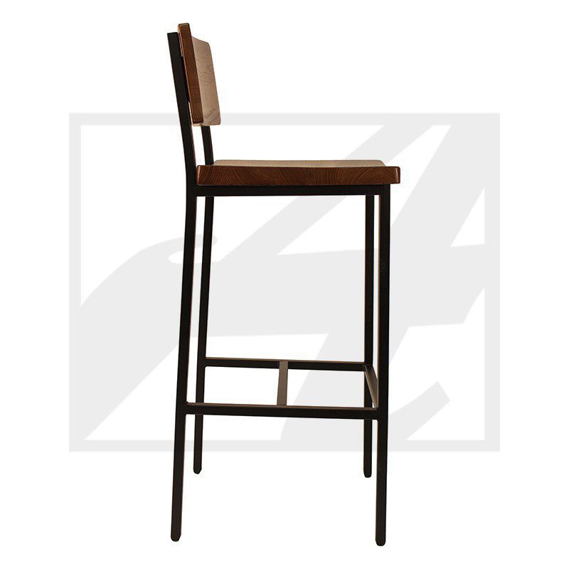 A modern bar stool with a wooden seat and backrest and metal legs.
