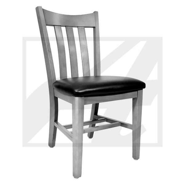 Wooden chair with a cushioned black seat.