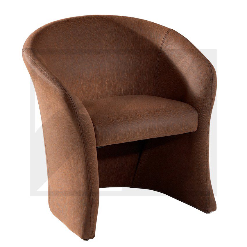 Modern brown upholstered armchair with curved backrest and open sides.
