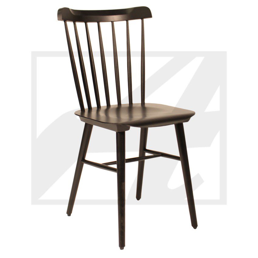 Simple wooden chair with spindle backrest and tapered legs.