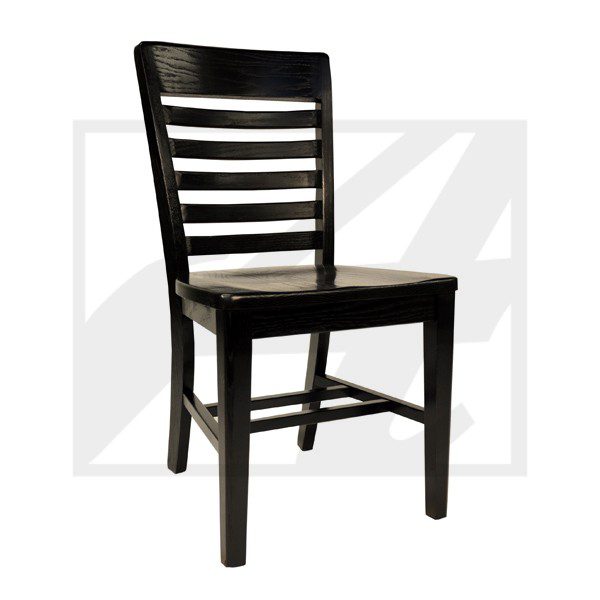 A simple black wooden chair with horizontal slats on the backrest.