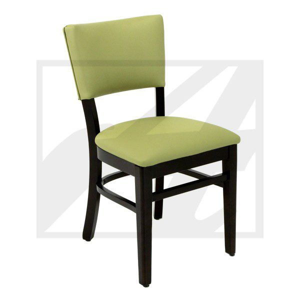 Green cushioned chair with dark wooden frame.