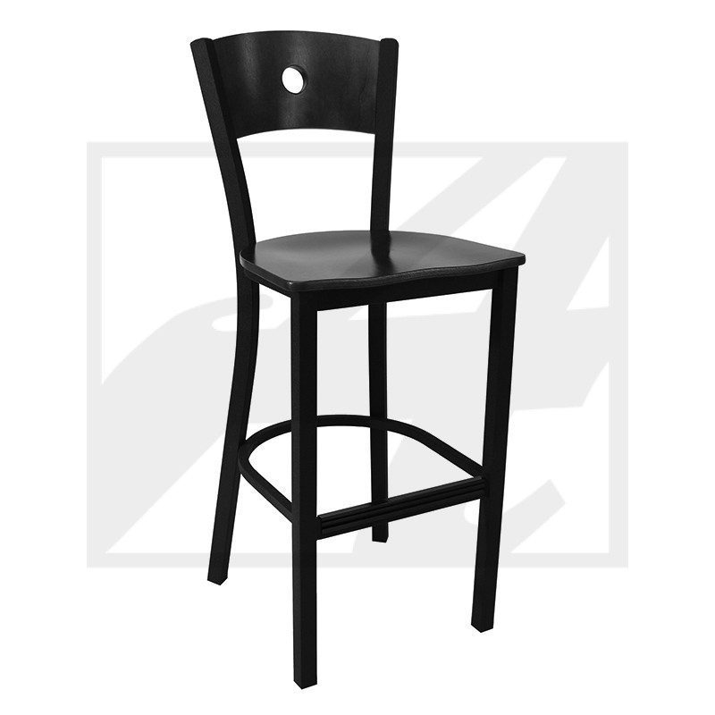 Black wooden bar stool with a round hole in the backrest.