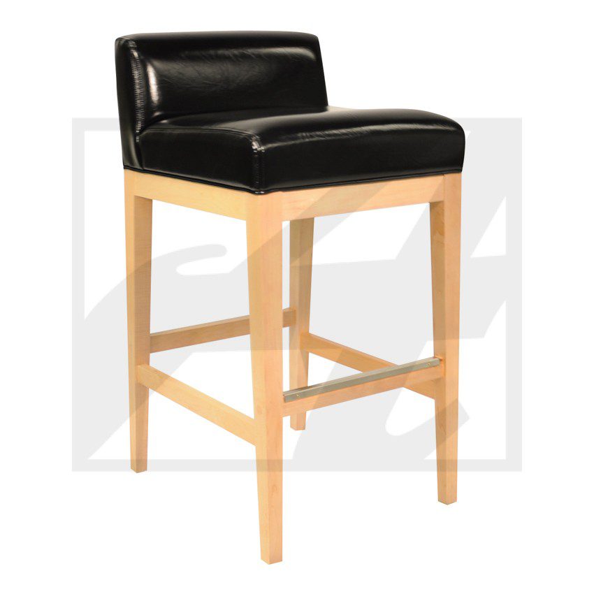 Wooden bar stool with black cushioned seat and backrest.