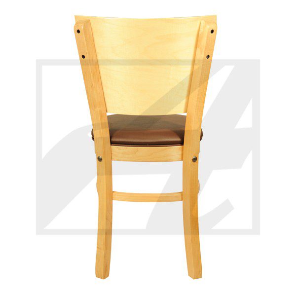 A wooden chair with a cushioned seat and a high backrest.