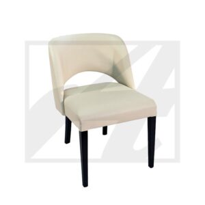 Beige upholstered accent chair with black wooden legs and a curved backrest.