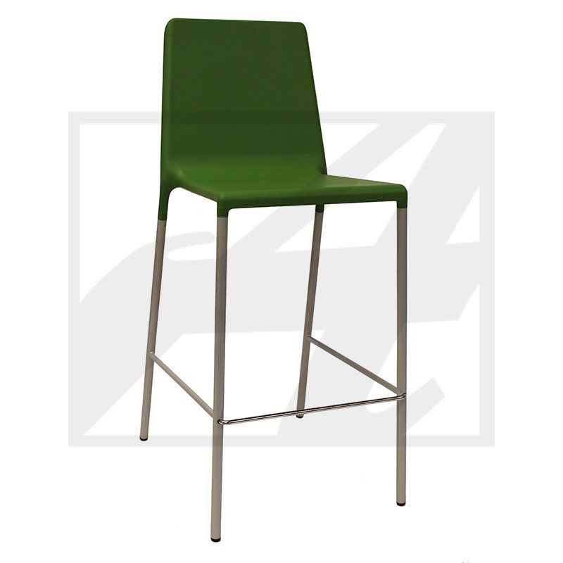Modern green bar stool with metal legs and footrest.