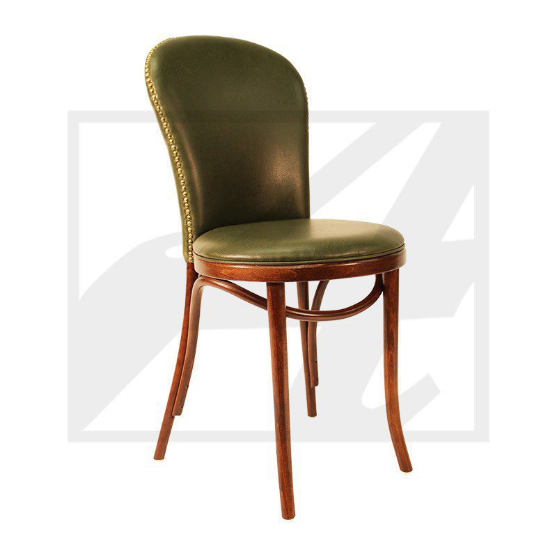 Elegant wooden chair with green cushioned seat and backrest.
