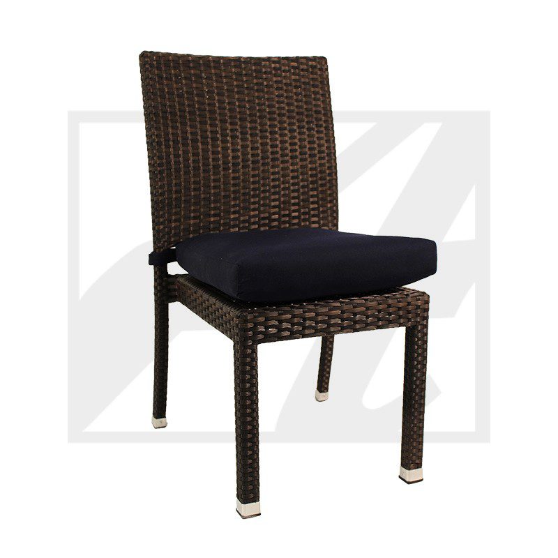 Modern wicker chair with a black cushion and metal legs.