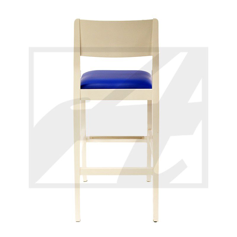 Simple wooden chair with a blue cushion seat against a white background.