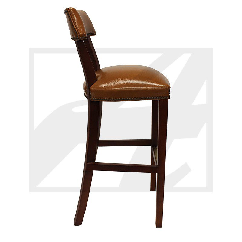 Wooden bar stool with brown cushioned seat and backrest.