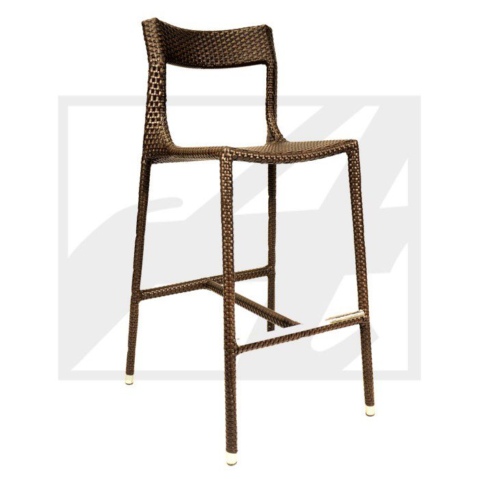Modern brown wicker bar stool with metal legs and footrest.