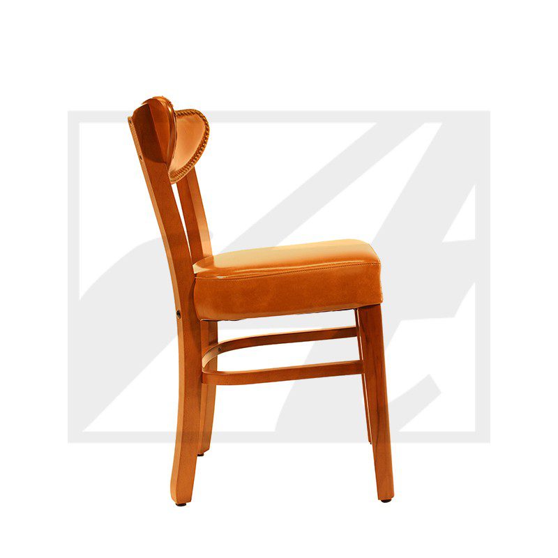 Elegant wooden chair with orange cushioned seat and backrest.
