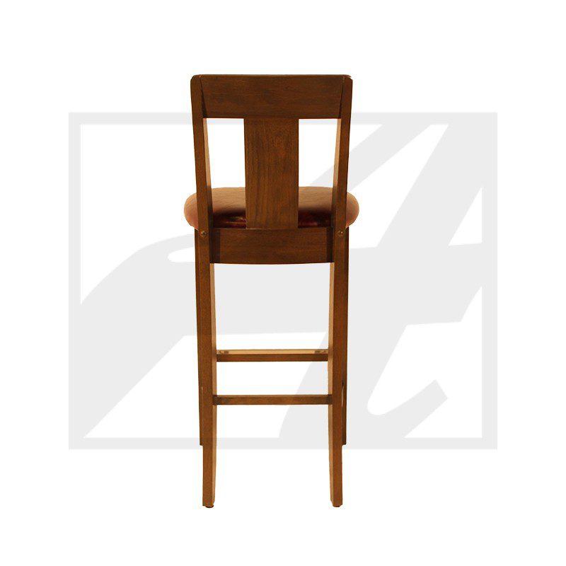 Wooden bar stool with a cushioned seat, viewed from the back.