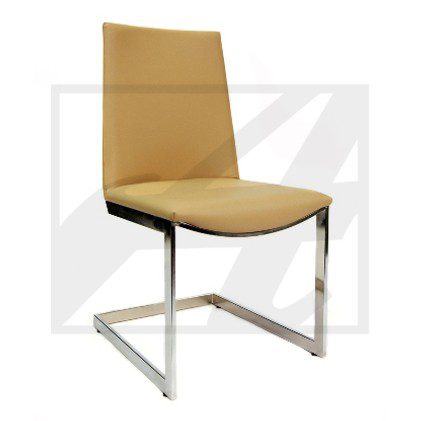 Modern tan leather chair with sleek metal frame.