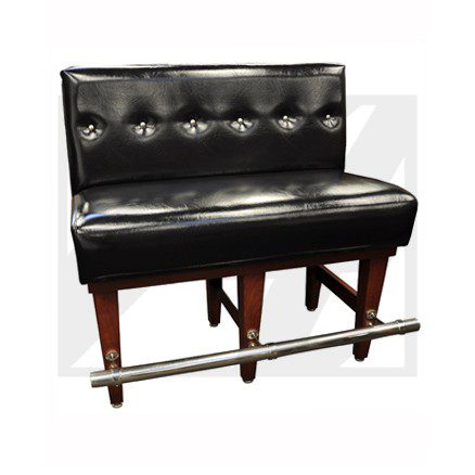 Black leather bar stool with button tufting and wooden legs.