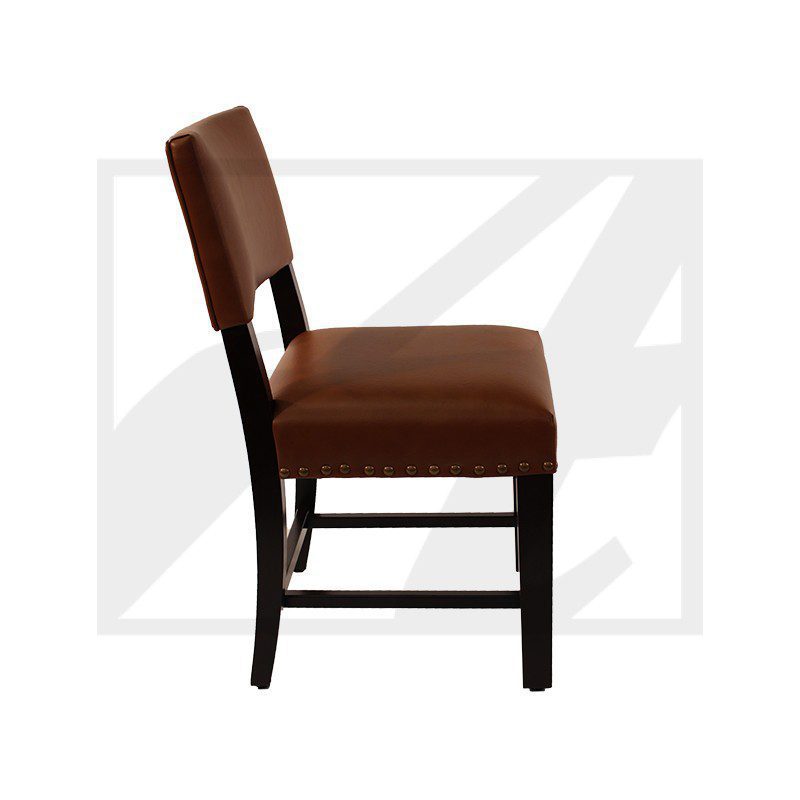 Side view of a brown upholstered chair with dark wooden legs.