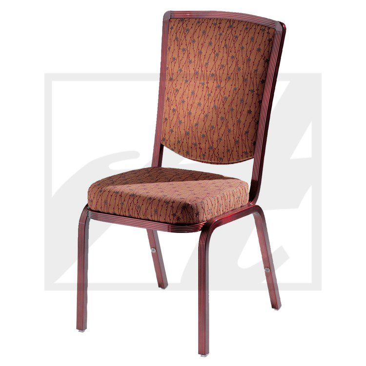 Upholstered banquet chair with patterned fabric and sturdy legs.