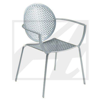 Modern chair with a perforated spherical backrest and sleek metal frame.