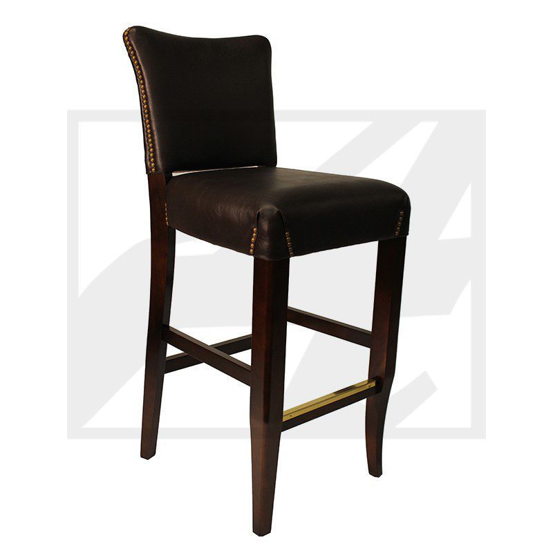 Dark brown wooden bar stool with cushioned black seat and backrest.