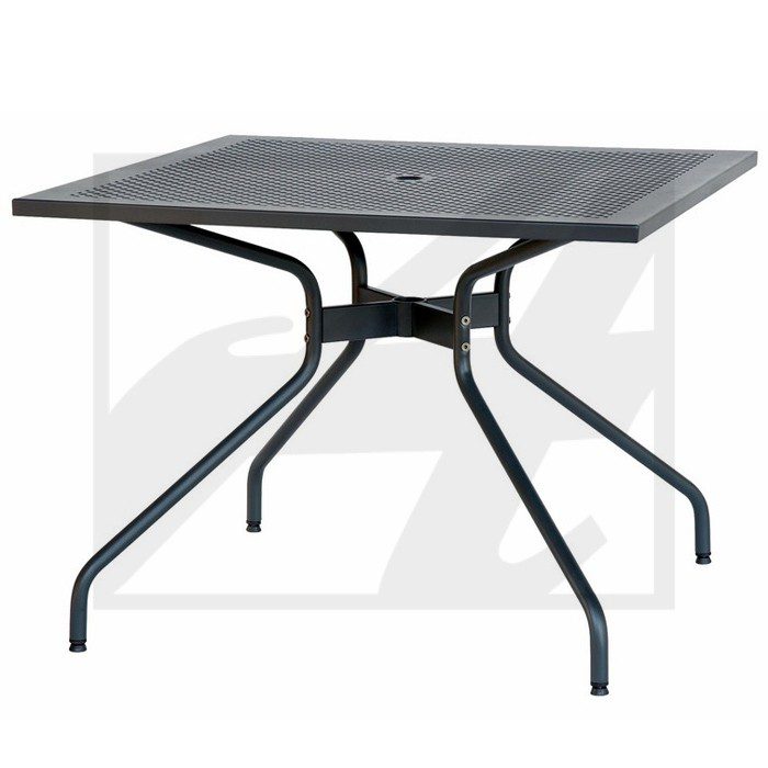 Square outdoor table with a metal frame and glass top.