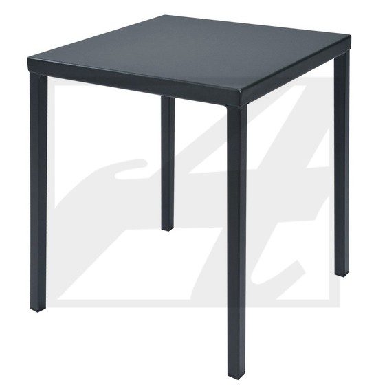 A simple black square table with four legs.