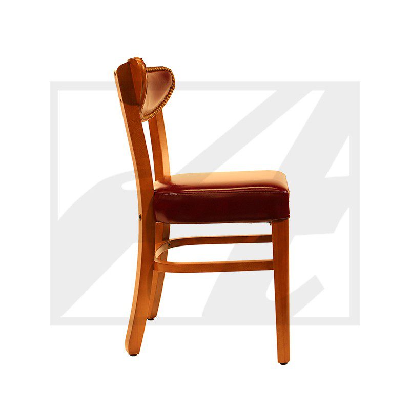 Side view of a wooden chair with a cushioned seat and backrest.