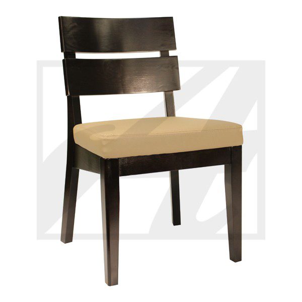 Wooden chair with a black frame and beige cushioned seat.